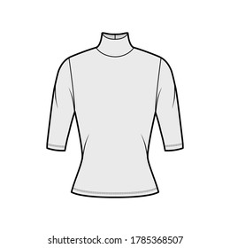 Turtleneck jersey sweater technical fashion illustration with elbow sleeves, close-fitting shape. Flat outwear apparel template front grey color. Women, men unisex shirt top CAD mockup