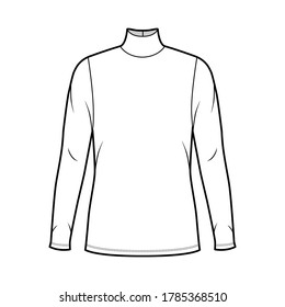 Turtleneck jersey sweater technical fashion illustration with long sleeves, oversized body, tunic length. Flat outwear apparel template front white color. Women men unisex shirt top CAD mockup