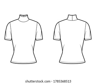 Turtleneck jersey sweater technical fashion illustration with short sleeves, close-fitting shape. Flat outwear apparel template front, back white color. Women, men, unisex shirt top CAD mockup