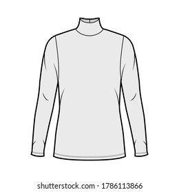 Turtleneck jersey sweater technical fashion illustration with long sleeves, oversized body, tunic length. Flat outwear apparel template front grey color. Women men unisex shirt top CAD mockup