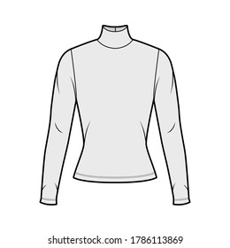 Turtleneck jersey sweater technical fashion illustration with long sleeves, close-fitting shape. Flat sweater apparel template front, grey color. Women men, unisex shirt top CAD mockup