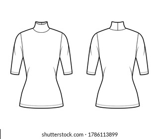 Turtleneck jersey sweater technical fashion illustration with elbow sleeves, close-fitting shape, tunic length. Flat outwear apparel template front back white color. Women men unisex top CAD mockup