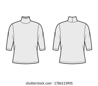 Turtleneck jersey sweater technical fashion illustration with elbow sleeves, oversized body. Flat outwear apparel template front, back grey color. Women, men unisex shirt top CAD mockup