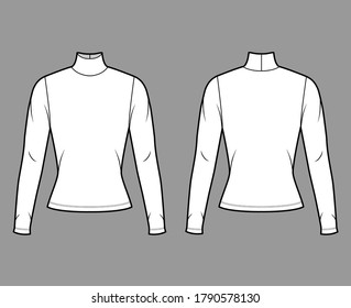 Turtleneck jersey sweater technical fashion illustration with long sleeves, close-fitting shape. Flat outwear apparel template front, back white color. Women men, unisex shirt top CAD mockup