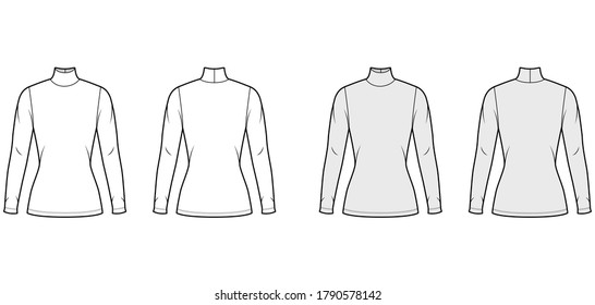 Turtleneck jersey sweater technical fashion illustration with long sleeves, close-fitting shape tunic length. Flat outwear apparel template front back white grey color. Women men unisex shirt top CAD