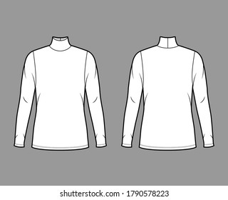 Turtleneck jersey sweater technical fashion illustration with long sleeves, oversized body, tunic length. Flat outwear apparel template front back white color. Women men unisex shirt top CAD mockup