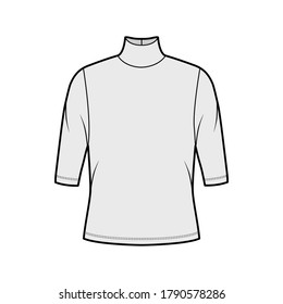 Turtleneck jersey sweater technical fashion illustration with elbow sleeves, oversized body. Flat outwear apparel template front, grey color. Women, men unisex shirt top CAD mockup
