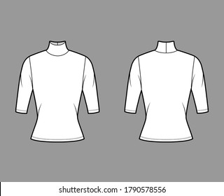 Turtleneck jersey sweater technical fashion illustration with elbow sleeves, close-fitting shape. Flat outwear apparel template front back white color. Women, men unisex shirt top CAD mockup