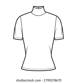 Turtleneck jersey sweater technical fashion illustration with short sleeves, close-fitting shape. Flat outwear apparel template front, white color. Women, men, unisex shirt top CAD mockup