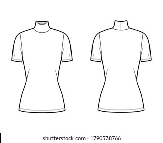 Turtleneck jersey sweater technical fashion illustration with short sleeves, tunic length. Flat outwear apparel template front, back white color. Women, men, unisex shirt top CAD mockup