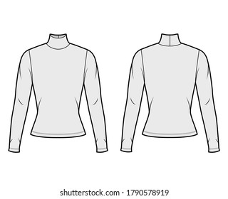 Turtleneck jersey sweater technical fashion illustration with long sleeves, close-fitting shape. Flat outwear apparel template front, back grey color. Women men, unisex shirt top CAD mockup