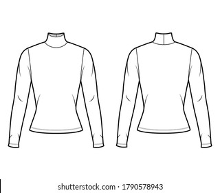 Turtleneck jersey sweater technical fashion illustration with long sleeves, close-fitting shape. Flat outwear apparel template front, back white color. Women men, unisex shirt top CAD mockup