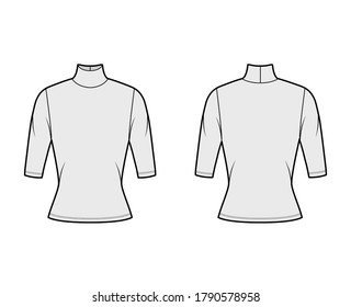 Turtleneck jersey sweater technical fashion illustration with elbow sleeves, close-fitting shape. Flat outwear apparel template front back grey color. Women, men unisex shirt top CAD mockup