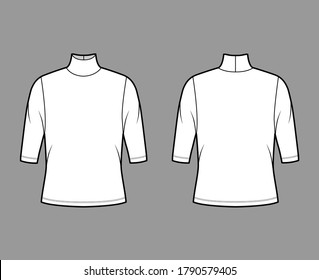 Turtleneck jersey sweater technical fashion illustration with elbow sleeves, oversized body. Flat outwear apparel template front, back white color. Women, men unisex shirt top CAD mockup