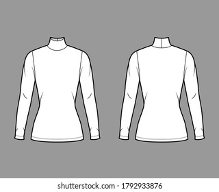 Turtleneck jersey sweater technical fashion illustration with long sleeves, close-fitting shape tunic length. Flat outwear apparel template front back white color. Women men unisex shirt top mockup