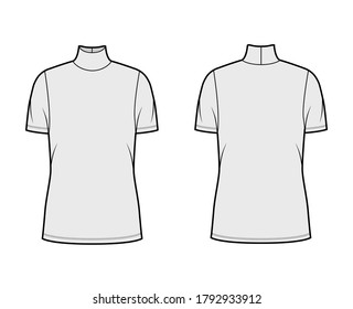 Turtleneck jersey sweater technical fashion illustration with short sleeves, oversized body tunic length. Flat outwear apparel template front back grey color. Women men unisex shirt top CAD mockup