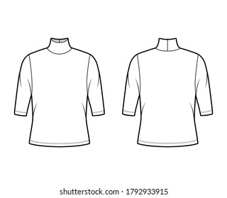 Turtleneck jersey sweater technical fashion illustration with elbow sleeves, oversized body. Flat outwear apparel template front, back white color. Women, men unisex shirt top CAD mockup