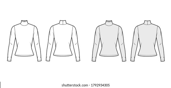 Turtleneck jersey sweater technical fashion illustration with long sleeves, close-fitting shape. Flat outwear apparel template front, back white grey color. Women men, unisex shirt top CAD mockup