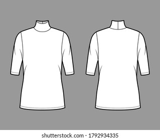 Turtleneck jersey sweater technical fashion illustration with elbow sleeves, oversized body, tunic length. Flat outwear apparel template front, back white color. Women, men unisex shirt top CAD mockup