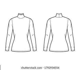 Turtleneck jersey sweater technical fashion illustration with long sleeves, close-fitting shape tunic length. Flat outwear apparel template front back white color. Women men unisex shirt top mockup