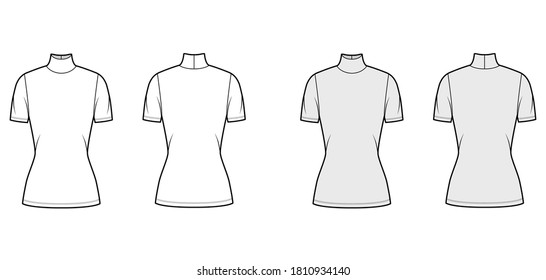 Turtleneck jersey sweater technical fashion illustration with short sleeves, tunic length. Flat outwear apparel template front, back white grey color. Women, men, unisex shirt top CAD mockup