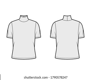 Turtleneck jersey t-shirt technical fashion illustration with short sleeves, oversized body. Flat sweater apparel template front, back grey color. Women, men unisex outwear top CAD mockup