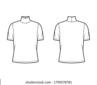 Turtleneck jersey t-shirt technical fashion illustration with short sleeves, oversized body. Flat sweater apparel template front, back white color. Women, men unisex outwear top CAD mockup