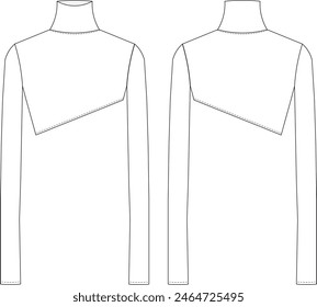 turtleneck long sleeve asymmetric hem cropped blouse crop sweater template technical drawing flat sketch cad mockup fashion woman design style model