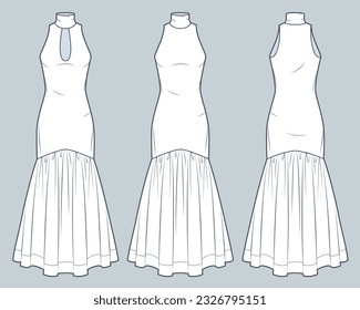 Ilustración técnica de moda de Turtleneck Maxi Dress. Vestido de Jersey con fondo textil de la moda planas de dibujo técnico, ajuste delgado, corte, vista frontal y trasera, blanco, maquillaje CAD femenino.