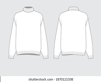 turtleneck rib knit sweater, front and back, drawing flat sketches with vector illustration by sweettears