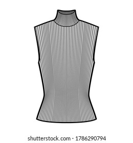 Turtleneck rib sweater technical fashion illustration with fitted body, sleeveless jumper. Flat shirt apparel template front, grey color. Women CAD garment mockup for designer