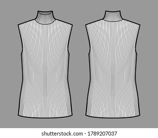 Turtleneck rib sweater technical fashion illustration with oversized tunic length body, sleeveless jumper. Flat shirt apparel template front, back, white color. Women, men unisex top CAD mockup