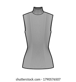 Turtleneck rib sweater technical fashion illustration with fitted tunic length body, sleeveless jumper. Flat shirt apparel template front, grey color. Women, men unisex top CAD mockup