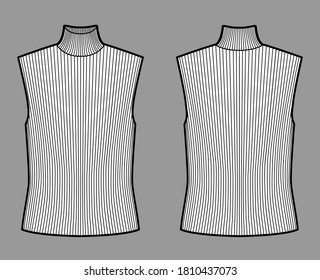 Turtleneck rib sweater technical fashion illustration with oversized body, sleeveless jumper. Flat shirt apparel template front, back, white color. Women, men unisex top CAD mockup