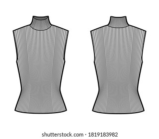 Turtleneck rib sweater technical fashion illustration with fitted body, sleeveless jumper. Flat shirt apparel template front, back, grey color. Women, men unisex top CAD mockup