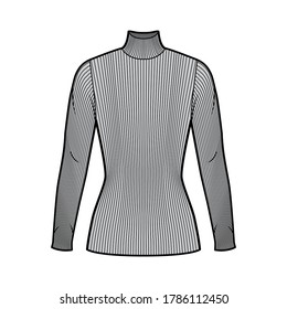 Turtleneck ribbed-knit sweater technical fashion illustration with long sleeves, close-fitting shape, tunic length. Flat sweater apparel template front, grey color. Women, men, unisex shirt top mockup