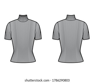 Turtleneck ribbed-knit sweater technical fashion illustration with short rib sleeves, close-fitting shape. Flat sweater apparel template front, back grey color. Women CAD garment mockup for designer