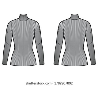 Turtleneck ribbed-knit sweater technical fashion illustration with long sleeves, close-fitting shape, tunic length. Flat sweater apparel template front, back grey color. Women men unisex shirt top CAD