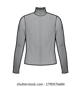 Turtleneck ribbed-knit sweater technical fashion illustration with long sleeves, oversized body. Flat sweater apparel template front grey color. Women men unisex shirt top CAD mockup