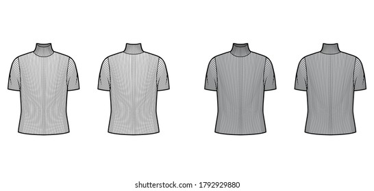 Turtleneck ribbed-knit sweater technical fashion illustration with short rib sleeves, oversized body. Flat sweater apparel template front, back white grey color. Women, men unisex shirt top CAD mockup