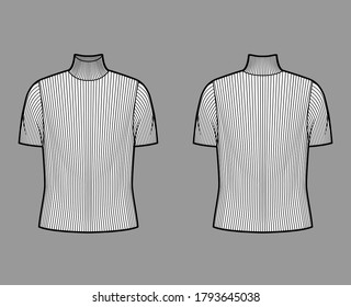 Turtleneck ribbed-knit sweater technical fashion illustration with short rib sleeves, oversized body. Flat sweater apparel template front, back white color. Women, men, unisex shirt top CAD mockup