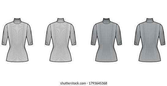 Turtleneck ribbed-knit sweater technical fashion illustration with elbow sleeves, close-fitting shape, tunic length. Flat sweater apparel template front back white grey color. Women men unisex top CAD