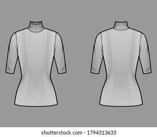 Turtleneck ribbed-knit sweater technical fashion illustration with elbow sleeves, close-fitting shape tunic length. Flat sweater apparel template front back white color. Women men unisex shirt top CAD