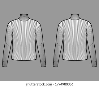 Turtleneck ribbed-knit sweater technical fashion illustration with long sleeves, oversized body. Flat sweater apparel template front back white color. Women men unisex shirt top CAD mockup