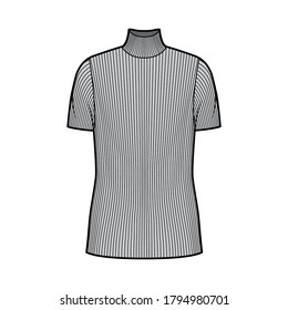 Turtleneck ribbed-knit sweater technical fashion illustration with short rib sleeves, oversized body, tunic length. Flat sweater apparel template front grey color. Women, men, unisex shirt top mockup