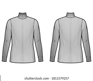 Turtleneck ribbed-knit sweater technical fashion illustration with long sleeves, oversized body, tunic length. Flat sweater apparel template front back white color. Women men unisex shirt top mockup