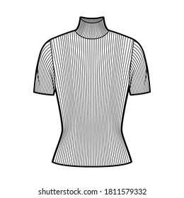 Turtleneck ribbed-knit sweater technical fashion illustration with short rib sleeves, close-fitting shape. Flat sweater apparel template front, white color. Women, men, unisex shirt top CAD mockup