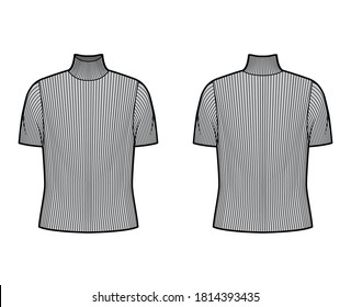 Turtleneck ribbed-knit sweater technical fashion illustration with short rib sleeves, oversized body. Flat sweater apparel template front, back grey color. Women, men, unisex shirt top CAD mockup