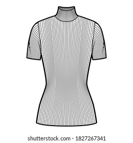 Turtleneck ribbed-knit sweater technical fashion illustration with short rib sleeves, close-fitting shape, tunic length. Flat sweater apparel template front white color. Women men unisex shirt top CAD
