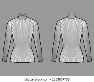 Turtleneck ribbed-knit sweater technical fashion illustration with long sleeves, close-fitting shape, tunic length. Flat sweater apparel template front back white color. Women men unisex shirt top CAD